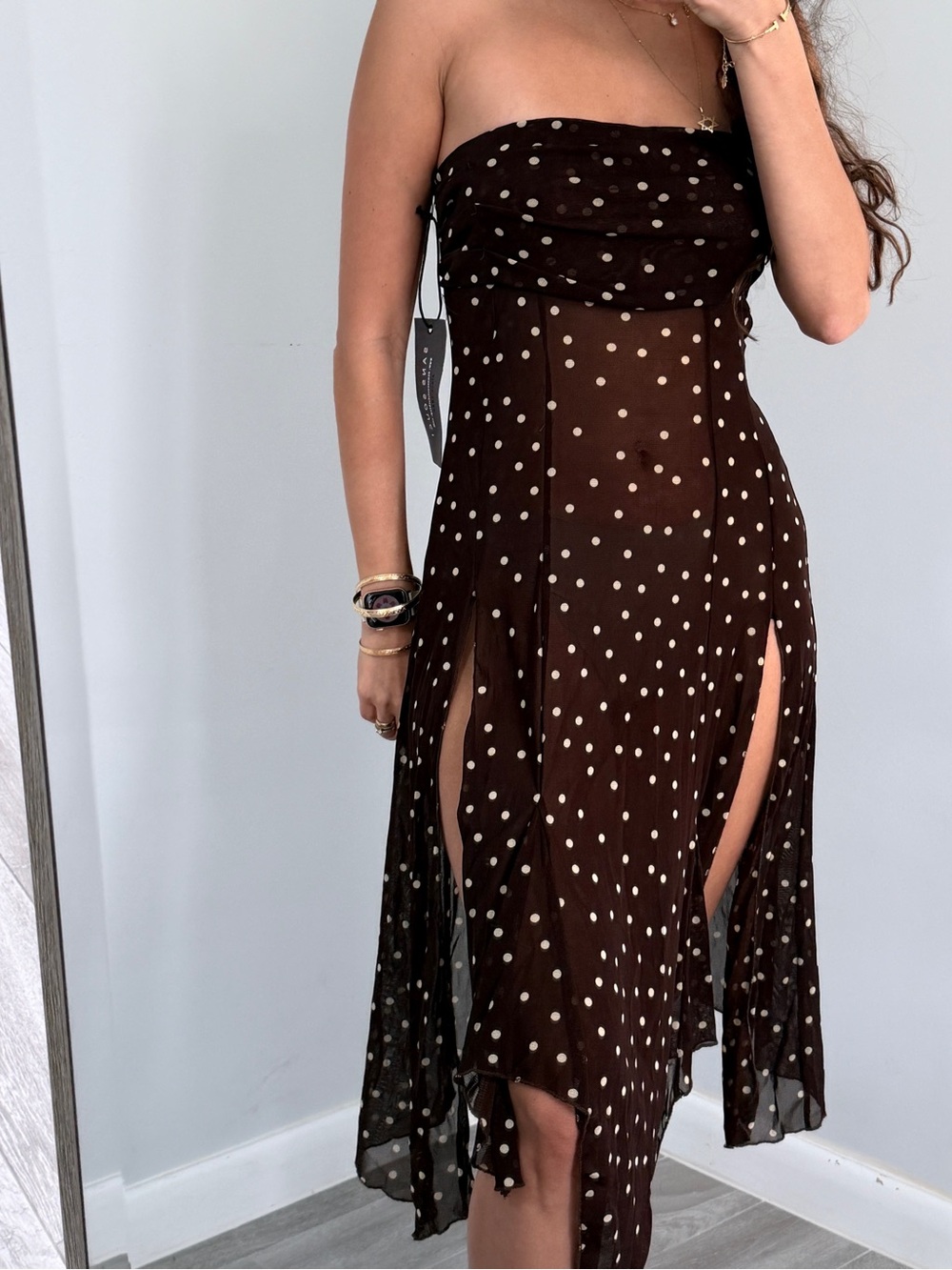 Sans Souci Brown Strapless Polka Dot Midi Dress